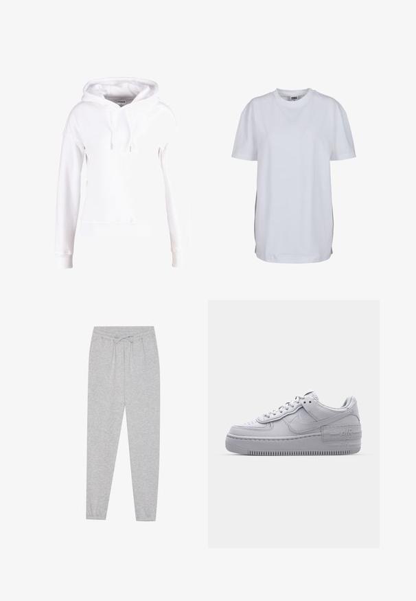 Sudadera blanca hecha de tela suave, con un bolsillo canguro en el frente, capucha con cordón y puños y dobladillo acanelados. Diseño simple y relajado.; Camiseta blanca lisa de manga corta y cuello redondo con bajo recto y una pequeña etiqueta visible de la marca dentro del cuello.; Pantalones de chándal grises con una textura suave, cinturilla elástica y detalle de cordón. Diseño de pierna ajustada con un ajuste casual.; Zapatilla Nike Air Force 1 gris con puntera perforada, parte superior de cuero suave, suela gruesa y detalle en relieve 'AIR' en el talón.
