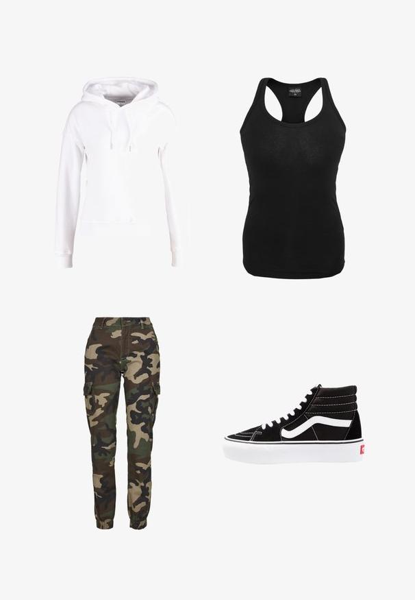 Hvid hættetrøje lavet af blødt stof, med en frontkangaroo-lomme, snor til hætten og ribbede manchetter og kant. Enkel, afslappet design.; Sort tanktop lavet af blødt stof, med racerback-design og tætsiddende form. Glat overflade uden synlige mønstre eller hardware.; Kamuflage cargo bukser i nuancer af grøn, brun og sort; har elastiske manchetter, sidelommer og en sikker knaplukning.; Sorte høj-top sneakers med hvide snørebånd, et hvidt logo og kontrasterende hvid syning. Har en tyk hvid sål og struktureret ruskindsoverdel.
