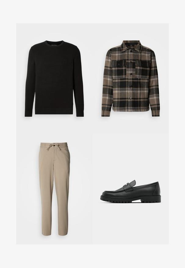 Pull noir en mailles avec col rond, manches longues, tissu texturé, bords-côtes au niveau des poignets et de l'ourlet, avec un petit logo sur la poitrine.; Chemise à carreaux marron et noir en tissu doux, avec un devant boutonné, deux poches poitrine et un col classique.; Pantalon beige en tissu doux, doté d'une taille à cordon de serrage et d'une coupe décontractée, avec des jambes droites et sans poches visibles.; Mocassins en cuir noir à bout arrondi, avec un design cousu, une semelle plateforme basse et une semelle en caoutchouc texturée et crantée.