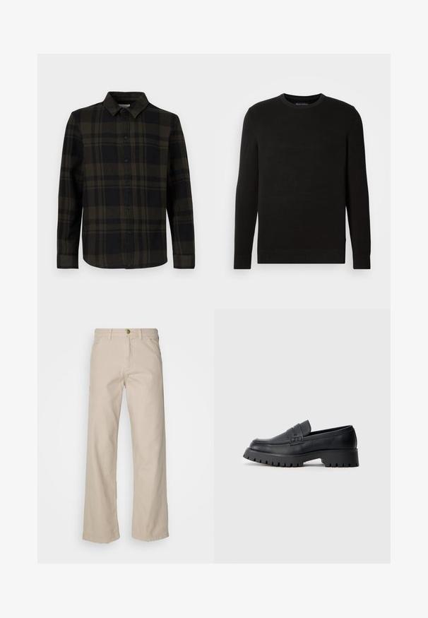 Pull noir en mailles avec col rond, manches longues, tissu texturé, bords-côtes au niveau des poignets et de l'ourlet, avec un petit logo sur la poitrine.; Chemise à carreaux noirs et verts foncés en tissu, avec patte de boutonnage, manches longues et col classique.; Pantalons larges en coton beige avec cinq poches, une fermeture à bouton et des passants de ceinture ; texture lisse avec une coupe droite et un ourlet.; Mocassins en cuir noir avec un bout arrondi, présentant une sangle décorative et une semelle en caoutchouc épaisse avec de profonds crampons pour une meilleure adhérence.