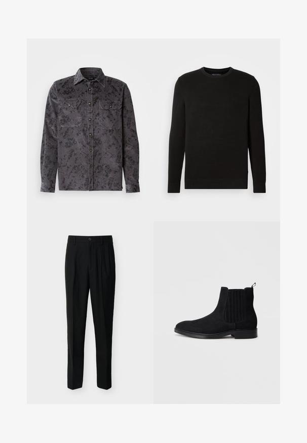 Pull noir en mailles avec col rond, manches longues, tissu texturé, bords-côtes au niveau des poignets et de l'ourlet, avec un petit logo sur la poitrine.; Chemise en côtes de velours gris avec un motif floral noir, deux poches sur la poitrine, un col pointu et des boutons métalliques. Tissu texturé avec des nervures verticales.; Pantalon noir taille haute, ajusté, avec passants de ceinture, plis à l'avant, poches latérales et fermeture boutonnée avec zip.; Bottine Chelsea en suède noir avec panneaux latéraux élastiques, bout arrondi, texture subtile et tirant à l'arrière. Semelle plate en caoutchouc.