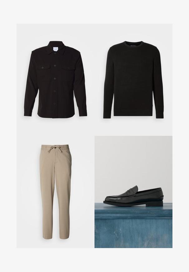 Suéter negro de punto con cuello redondo y mangas largas, tejido texturizado, puños y dobladillo acanalados, que presenta un pequeño logo en el pecho.; Camisa negra de manga larga con un frente abotonado, dos bolsillos en el pecho y un cuello estructurado. Fabricada con una tela sólida de textura suave.; Pantalones beige confeccionados con un tejido suave, que cuentan con cintura ajustable con cordón y un corte relajado, con piernas rectas y sin bolsillos visibles.; Mocasines de cuero negro con un diseño elegante, que presentan una puntera cosida y un acabado suave. El zapato tiene un tacón bajo y detalles mínimos.
