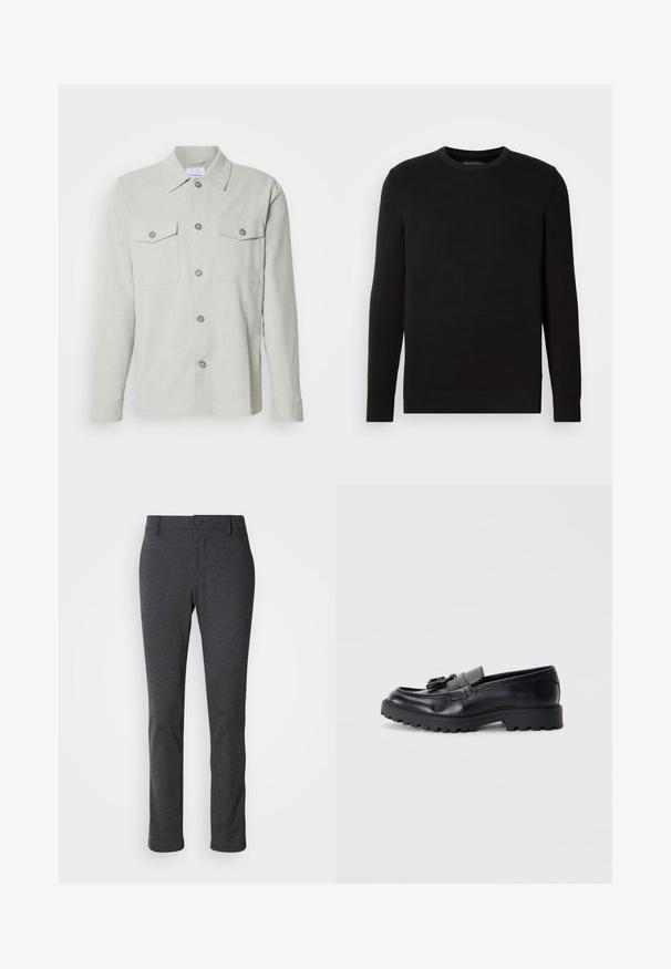 Pull noir en mailles avec col rond, manches longues, tissu texturé, bords-côtes au niveau des poignets et de l'ourlet, avec un petit logo sur la poitrine.; Chemise boutonnée gris clair, en tissu texturé, avec un col, deux poches poitrine et cinq boutons sur le devant.; Pantalon droit gris foncé avec fermeture à bouton et à zip, passants de ceinture et texture de tissu lisse.; Mocassins en cuir noir avec une finition brillante, semelle en caoutchouc épaisse et détail de frange décoratif à l'avant.