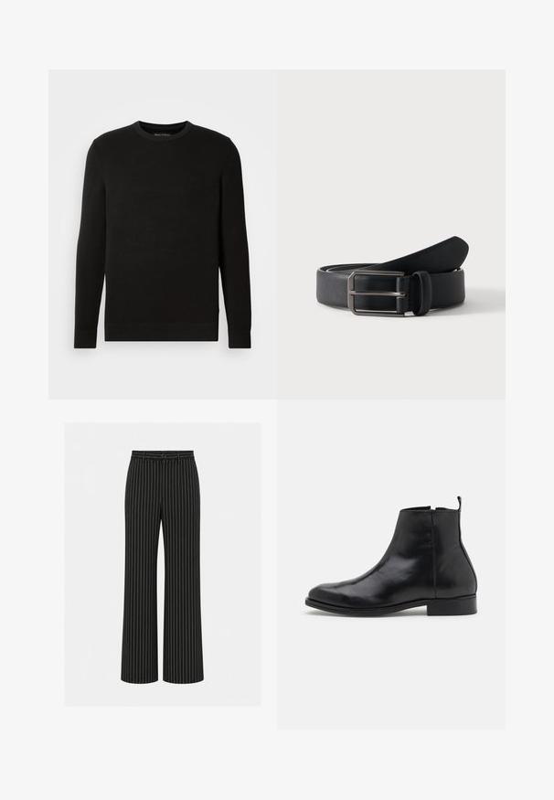 Pull noir en mailles avec col rond, manches longues, tissu texturé, bords-côtes au niveau des poignets et de l'ourlet, avec un petit logo sur la poitrine.; Pantalon noir à jambes larges avec fines rayures verticales blanches, bouton et passants à la taille.; Zign by Zalando Bottines - black; Ceinture en cuir noir roulée avec une boucle métallique argentée rectangulaire sur un fond clair uni.