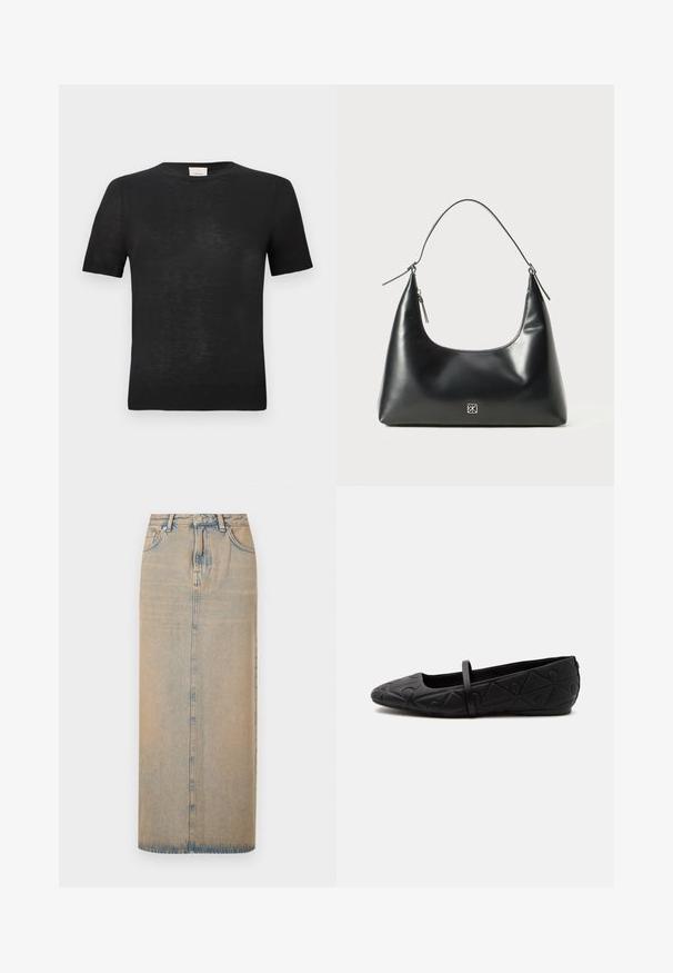 T-shirt noir à manches courtes en tissu léger et texturé. Col rond avec une finition côtelée subtile aux manches et à l'ourlet.; Une longue jupe en denim bleu clair avec une coupe droite. Comprend cinq poches, des passants de ceinture et un multiplicateur de boutons à l'avant. Texture décolorée sur toute la surface.; Chaussure plate noire avec un bout arrondi, un motif géométrique embossé et une fine bride unique sur le dessus, vue de profil.; Sac à épaule en cuir lisse noir avec un haut courbé, une bandoulière unique, une fermeture à glissière et un petit logo argenté au centre à l'avant.