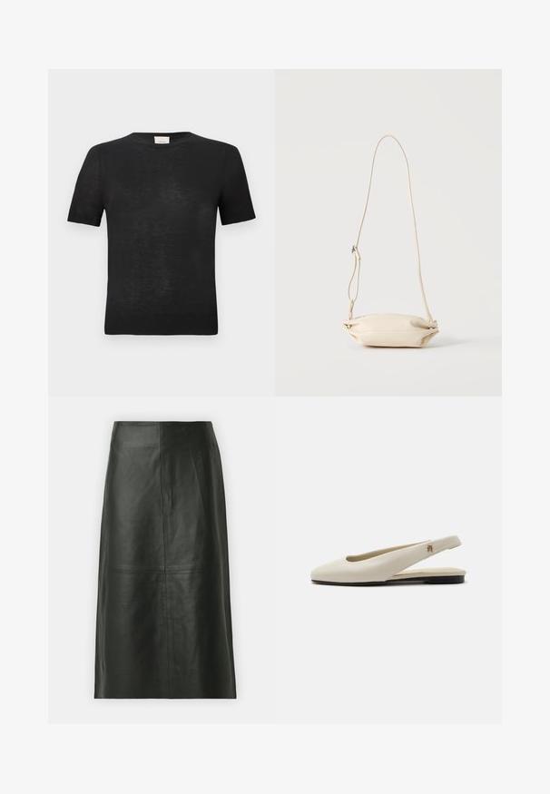 T-shirt noir à manches courtes en tissu léger et texturé. Col rond avec une finition côtelée subtile aux manches et à l'ourlet.; Jupe midi en cuir noir avec une coupe droite. Texture lisse, coutures minimales et taille ajustée. Pas de poches visibles ni de détails supplémentaires.; Chaussure plate slingback en cuir couleur crème avec un bout arrondi et un petit emblème doré sur la bride.; Petit sac bandoulière en cuir beige avec sangle ajustable, présenté sur un fond clair uni.