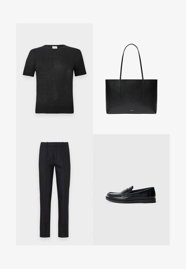 Camiseta negra de manga corta hecha de un tejido ligero y texturizado. Cuello redondo con un sutil ribete acanalado en las mangas y el dobladillo.; Pantalones negros ajustados con corte slim, parte delantera plana y dos bolsillos traseros. Confeccionados con un tejido suave y un detalle de costura sutil a lo largo de las costuras.; Mocasines de cuero negro con un diseño de acento cosido, punta redonda, suela de goma plana y un acabado suave. Silueta clásica y versátil.; Bolso tote de cuero negro con asas largas y pequeño logo de Calvin Klein centrado cerca de la parte inferior delantera.