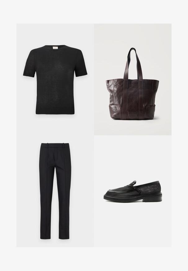 T-shirt noir à manches courtes en tissu léger et texturé. Col rond avec une finition côtelée subtile aux manches et à l'ourlet.; Pantalons noirs ajustés avec une coupe slim, devant plat et deux poches arrière. Fabriqués en tissu lisse avec un subtil détail de couture le long des coutures.; Mocassin noir sans lacets avec tige en cuir texturé et semelle épaisse, présenté de profil sur fond blanc.; Sac cabas en cuir marron foncé avec de longues anses et une surface texturée, debout contre un fond clair uni.