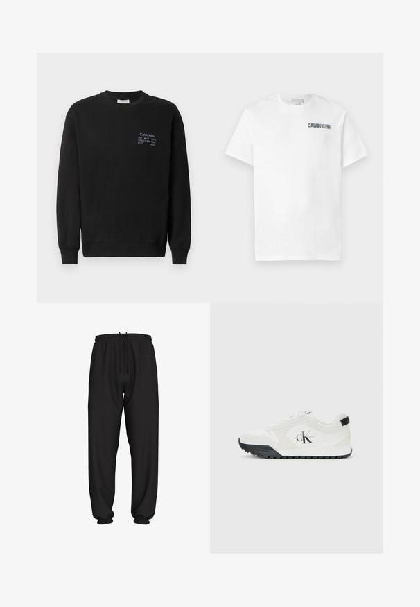 Schwarzer Sweatshirt aus Baumwolle mit langen Ärmeln, rundem Ausschnitt und gerippten Bündchen. Verfügt über eine blaue Stickerei mit Markenlogo auf der Brust.; Weißes Baumwoll-T-Shirt mit Rundhalsausschnitt und kurzen Ärmeln. Auf der linken Brustseite befindet sich das Logo "CALVIN KLEIN" in Dunkelgrau. Glatte Textur.; Schwarze locker sitzende Jogginghose mit elastischem Bund und Bündchen, mit verstellbarem Kordelzug in der Taille.; Weiße Calvin Klein Sneaker mit schwarzem Sohle, Wildleder- und Mesh-Einsätzen, CK-Logo an der Seite sowie Calvin Klein-Branding an Ferse und Sohle.