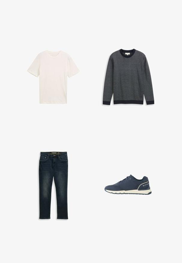 Marineblå strikket sweater med tekstureret mønster, rund hals og kontrastfarvede ribbede manchetter og kant. Lange ærmer, almindelig pasform.; Kortærmet T-shirt med rund hals i off-white bomuld. Har en afslappet pasform med glat tekstur og ingen bemærkelsesværdige mønstre eller accenter.; Mørkeblå slim-fit jeans med forlommer, bæltestropper og knaplukning, størrelse 31/32 fra Tom Tailor.; Mørkeblå atletiksko med mesh-overdel, hvid sål, sort ydersål og "Tom Tailor"-logo på hælkappen.