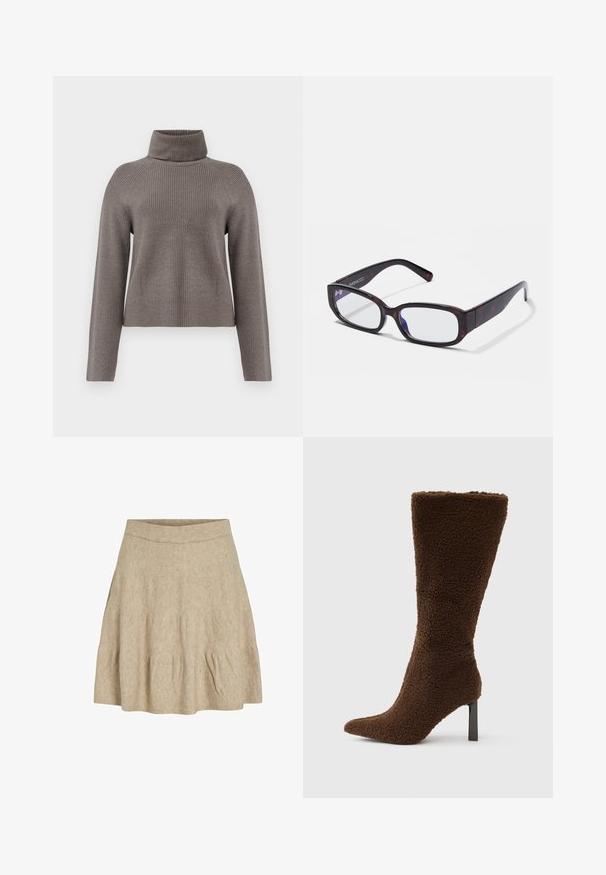 Grijze geribbelde coltrui van zachte brei. Heeft lange mouwen en een relaxte pasvorm met naaddetail op de voorkant en schouders.; Een korte, beige rok gemaakt van een zachte, gestructureerde stof met een geribbeld tailleband en een lichte plooiing bij de zoom.; Bruine laars met hak, gemaakt van een getextureerd, pluizig materiaal. Heeft een puntige neus en een smalle, vierkante hak. Verticaal ontwerp met een hoge schacht.; Bruine schildpadvormige rechthoekige bril met heldere glazen en slanke poten, met een gladde textuur en een minimalistisch ontwerp.