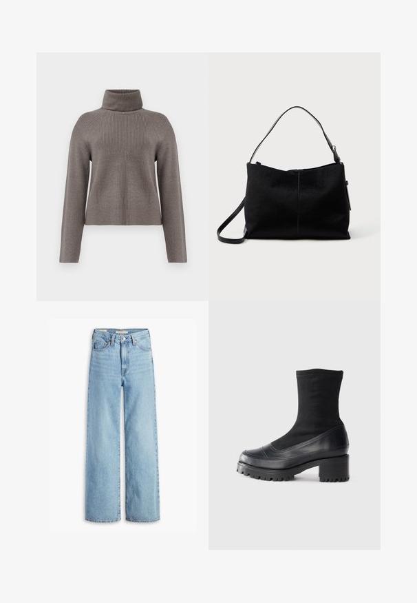 Grå ribbet turtleneck sweater i blødt strik. Har lange ærmer og en afslappet pasform med sømdetaljer på forsiden og skuldrene.; Højtaljede, lyseblå, vide bukser med knap og lynlås fortil, bæltestropper og fem lomme-stil.; Sorte ankelstøvler med hæl i glat lædertå, elastisk skaft og tekstureret gummisål. Har en bred, kraftig hæl og strømlinet design.; Sort skuldertaske med en glat, tekstureret overflade, prydet med en enkelt rem og en lynlåslukning øverst. Kompakt rektangulær form.