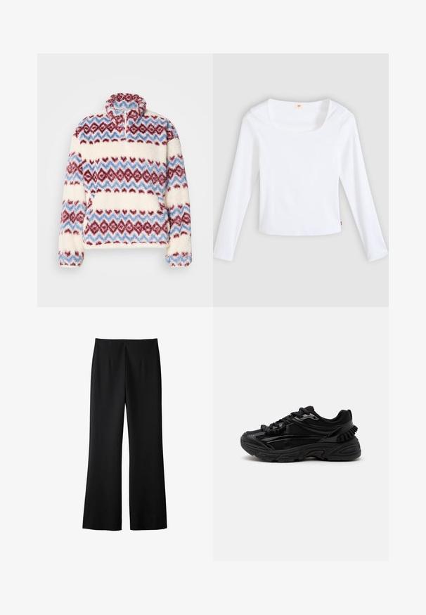 Fleecepullover med høj krave med et flerfarvet zigzag-mønster i rød, blå og creme. Blød tekstur og afslappet pasform.; Hvid langærmet t-shirt lavet af ribstrikket stof, med firkantet halsudskæring og tætsiddende design, med en lille logotag i siden.; Sorte brede bukser lavet af et glat stof, med et enkelt design, forknydder og en skræddersyet finish uden synligt hardware.; Sort atletik-sneaker med mesh og blanke detaljer, tyk polstret sål og snørelukning set fra siden på hvid baggrund.