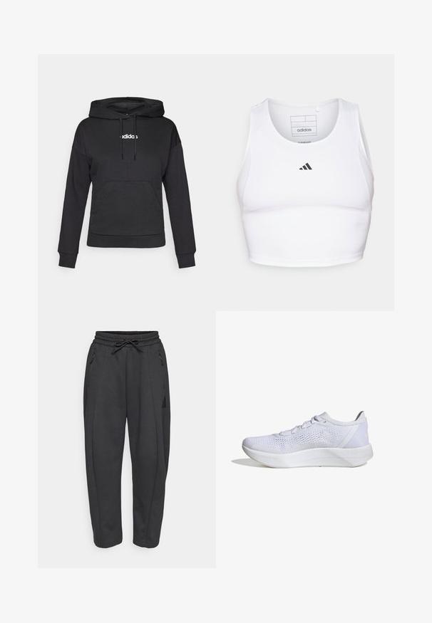 Sort hætte sweatshirt med en kengurulomme, snoretræk og hvid "adidas" logo på fronten. Blødt stof, afslappet pasform, lange ærmer.; Hvid atletisk crop top lavet af letvægts, åndbart stof. Har mesh-sider og sort broderet logo på brystet.; Sorte træningsbukser med elastisk talje, snor, sidelommer med lynlås og tapered ben. Fremstillet af et blødt, struktureret stof.; Hvide sportssko med en åndbar mesh-overdel, snørebåndsdesign, polstret krave og en struktureret gummisål for bedre greb.