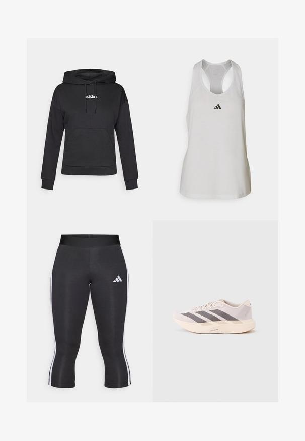 Schwarzer Kapuzenpullover mit Kängurutasche, Kordelzügen und weißem "adidas"-Logo auf der Vorderseite. Weicher Stoff, lockere Passform, lange Ärmel.; Weißes Sport-Top aus leichtem Stoff mit Racerback-Design und kleinem schwarzem Logo auf der Brust.; Schwarze Capri-Leggings mit breitem Bund, versehen mit weißen seitlichen Streifen und einem weißen Adidas-Logo auf dem linken Oberschenkel. Glatte Textur.; Leichte Sportsneaker in zartem Rosa und Grau mit einem Obermaterial aus Mesh, drei dunklen Streifen und einer dicken, cremefarbenen Sohle mit der Aufschrift "LIGHTSTRIKE PRO".