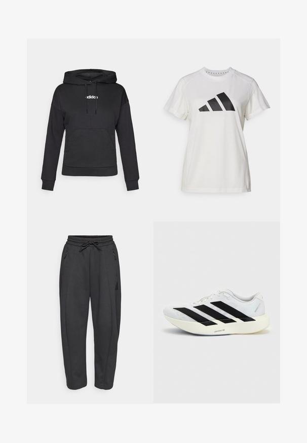 Sudadera negra con capucha, bolsillo canguro, cordones y logotipo "adidas" en blanco en el frente. Tela suave, corte relajado, mangas largas.; Camiseta atlética blanca de tejido suave. Presenta mangas cortas y un gran logotipo negro de Adidas con tres rayas debajo.; Pantalones deportivos negros con cintura elástica, cordón ajustable, bolsillos con cremallera en los lados y piernas ajustadas. Fabricados con un tejido suave y texturizado.; Zapatilla de running blanca con diseño negro de tres franjas en el lateral y suela blanca gruesa con la etiqueta "Lightstrike Pro" sobre fondo liso.