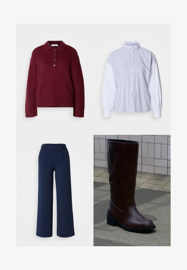 Bordeaux gebreide trui met een polo kraag, vijf knopen sluiting en geribde manchetten en zoom. Comfortabele en relaxte pasvorm.; Gestreept overhemd met knopen in blauw en wit, voorzien van een gerimpelde kraag, lange pofmouwen en een comfortabele pasvorm. Zachte stof met een gladde textuur.; Navy wijde pijpenbroeken van zachte stof; met platte voorkant, twee zijzakken en dubbele knoopsluiting in de taille.; Donkerbruine leren mid-kuitlaars met een afgeronde neus en lage blokhak, staand op het trottoir nabij een betegelde muur.