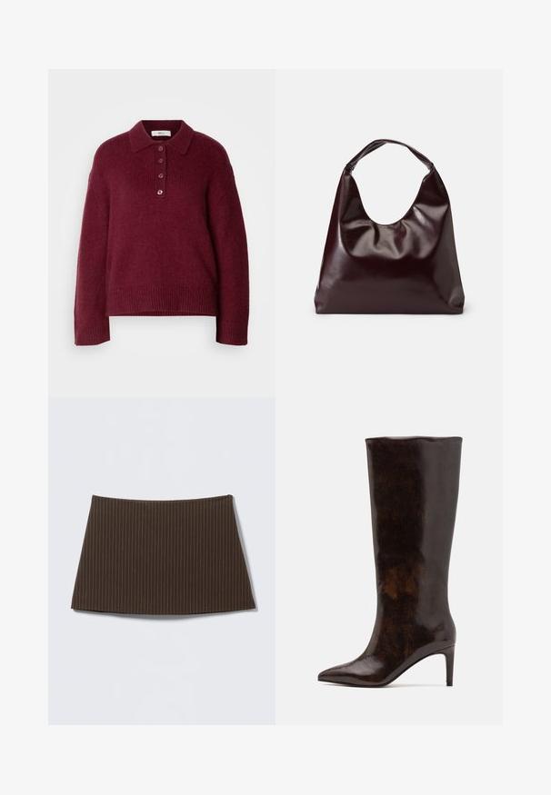 Pull en maille bordeaux avec col polo, fermeture à cinq boutons et poignets et ourlet côtelés. Couche confortable et coupe décontractée.; Jupe marron à fines rayures, coupe ajustée, texture lisse et ourlet évasé, idéale pour un look sur mesure.; Call it Spring RHODDE - Bottes à talons hauts - medium brown; Sac en cuir vegan bordeaux, brillant, avec une forme douce et sculpturale et une large poignée incurvée pour un transport facile.
