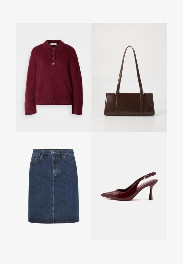 Bordeaux strikket sweater med polo krave, fem knap lukning og ribbede manchetter og kant. Behagelig og afslappet pasform.; Mørkeblå denimnederdel med lige snit, der har lukning med knapper foran, bæltestropper og to forlommer. Blød tekstur og synlige syninger.; Skinnende mørkerød spids tå slingback højhælet sko med en tynd justerbar rem og spids stilethæl på hvid baggrund.; Brun lakeret håndtaske med rektangulær form, to lange håndtag og subtile buede detaljer på fronten.