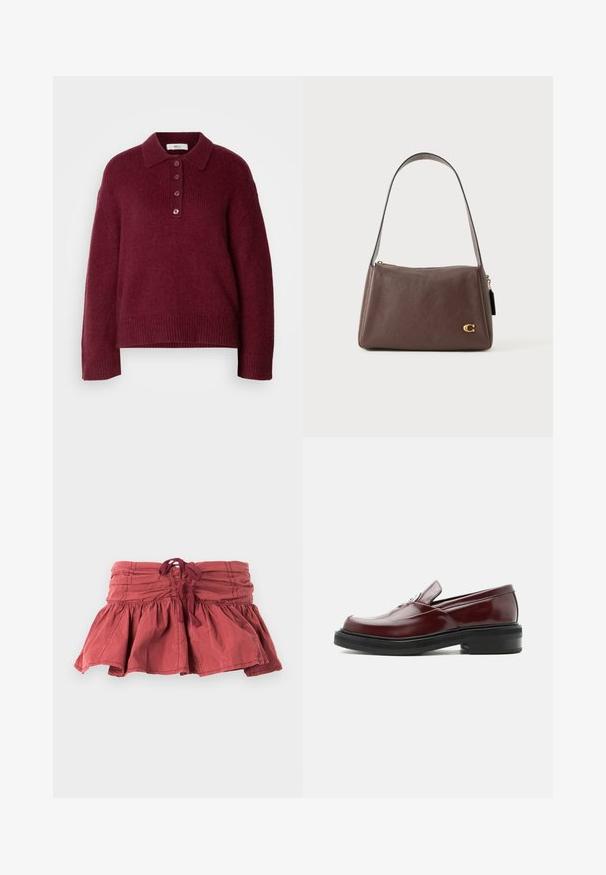 Bordeaux strikket sweater med polo krave, fem knap lukning og ribbede manchetter og kant. Behagelig og afslappet pasform.; Rød mini nederdel med samlede kanter og en bindebånd i taljen, med en udvidet design og tekstureret stof. Glat finish med let rynke detaljer.; Bordeaux rød læderloafer med sort solid sål og sølvfarvet dekorativ spænde, vist i sideprofil på hvid baggrund.; Brun læder skuldertaske med en glat overflade, guldfarvet hardware og et minimalistisk design. Har en lynlås på toppen og en enkelt strop.