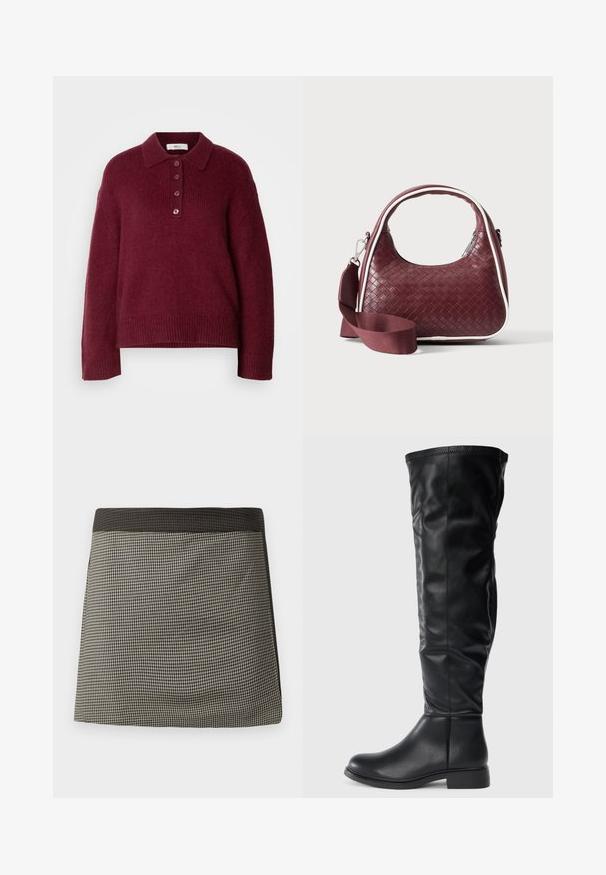 Bordeaux strikket sweater med polo krave, fem knap lukning og ribbede manchetter og kant. Behagelig og afslappet pasform.; Sort og cremeprikket nederdel med en ensfarvet sort talje. Den har en lige skæring, glat tekstur og et ensartet mønster hele vejen igennem.; Sorte knæhøje støvler lavet af glat læder, med rund tå, lav blokhæl og en let skråning på skaftet med syninger.; Mørkerød vævet lædertaske med buet hank, hvid kant, sølv lynlås og aftagelig bred stofskulderrem mod en ensfarvet baggrund.