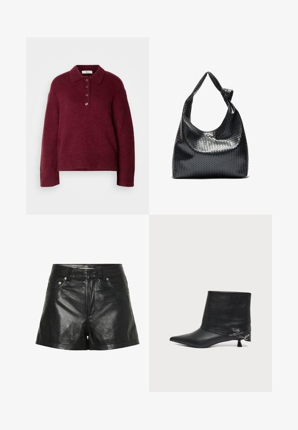 Suéter de punto burdeos con cuello tipo polo, cierre de cinco botones y puños y bajo acanalados. Ajuste cómodo y relajado.; Pantalones cortos de cuero negro con una textura suave y brillante, que cuentan con bolsillos frontales, acentos metálicos y un diseño de cintura ajustada.; Botín negro de piel con puntera puntiaguda, tacón bajo tipo «kitten» y detalle de escritura plateada cerca del talón.; Bolso de cuero trenzado negro con un diseño relajado, que presenta una correa anudada y un pequeño tachuela dorada decorativa en la parte superior.