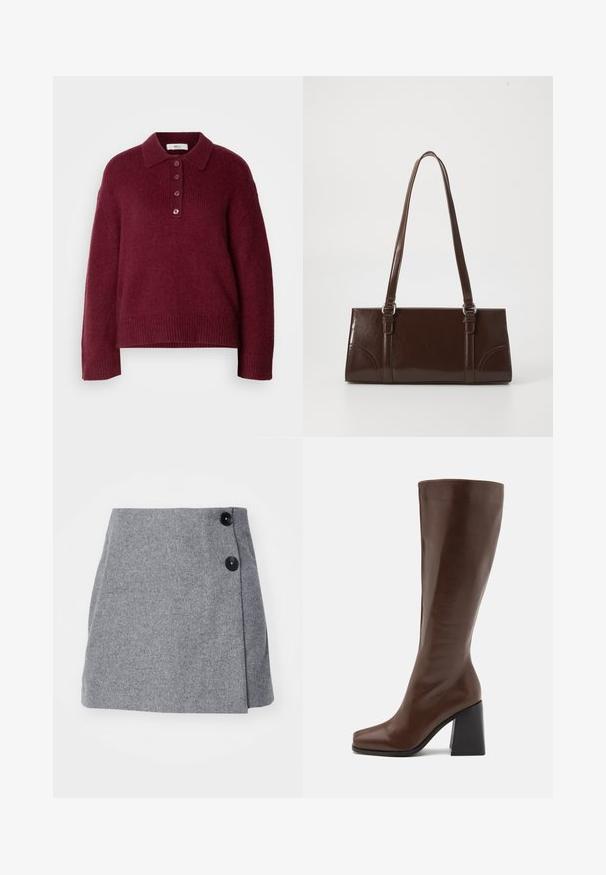 Pull en maille bordeaux avec col polo, fermeture à cinq boutons et poignets et ourlet côtelés. Couche confortable et coupe décontractée.; Jupe en laine grise avec un design enveloppé, arborant deux boutons noirs sur le côté et une surface texturée.; RAID RENZO - Bottes - brown; Sac à main en cuir verni marron de forme rectangulaire, avec deux longues poignées et des accents courbés subtils à l'avant.