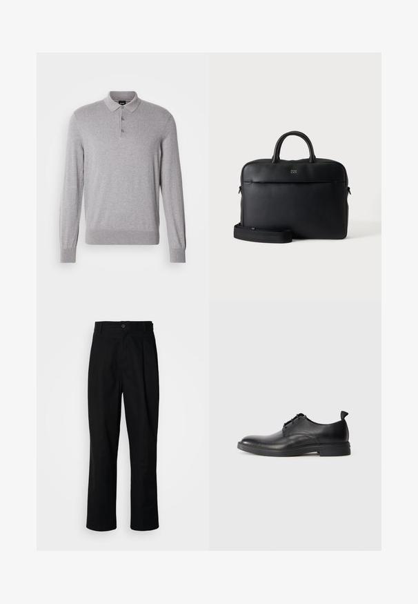 Polo de manga larga gris hecho de tela suave, con cuello de solapa, tapeta de tres botones y puños y bajo acanalados.; Pantalones rectos negros con cintura con botones, trabillas para cinturón y pliegue frontal, exhibidos sobre un fondo blanco liso.; Zapato de vestir para hombre de cuero negro con cierre de cordones y tira en el talón, mostrado en perfil lateral sobre un fondo blanco liso.; Maletín de cuero negro con textura, con asas superiores y correa de hombro desmontable, mostrando un pequeño logo frontal sobre un fondo gris neutro.