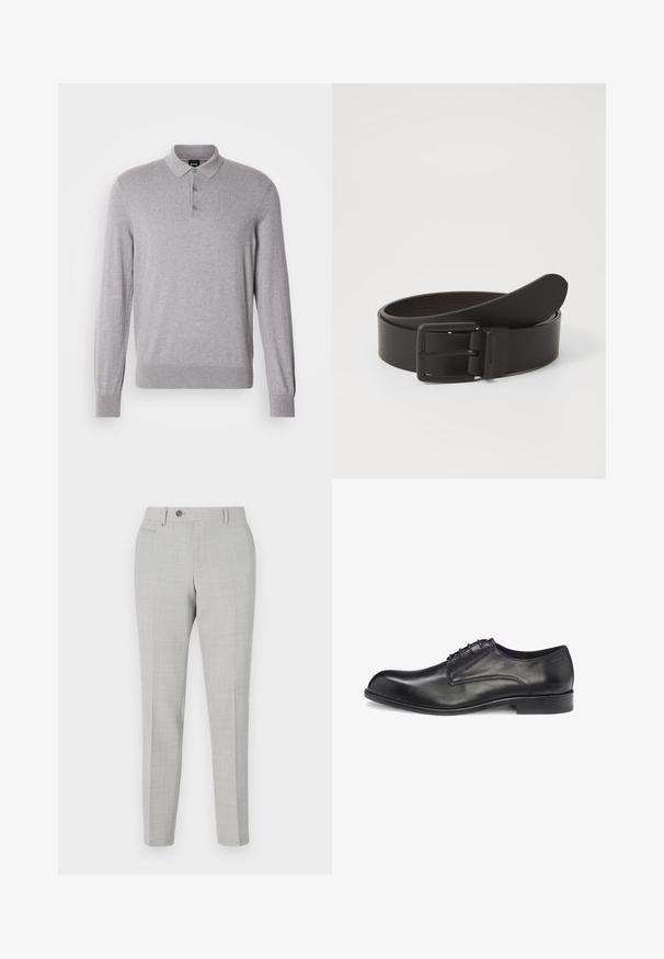 Polo manches longues gris en tissu doux, avec col, patte à trois boutons et poignets et ourlet côtelés.; Pantalon gris ajusté avec un motif à carreaux subtil, fabriqué en tissu léger. Dispose d'une fermeture à bouton et de poches latérales. Silhouette ajustée.; Chaussure habillée noire en cuir à lacets avec une finition lisse, bout arrondi, peu de coutures, et une semelle plate en caoutchouc. Côté avec logo de la marque.; Ceinture en cuir noir avec une boucle en métal rectangulaire à finition mate. Texture lisse et design simple. Longueur réglable.