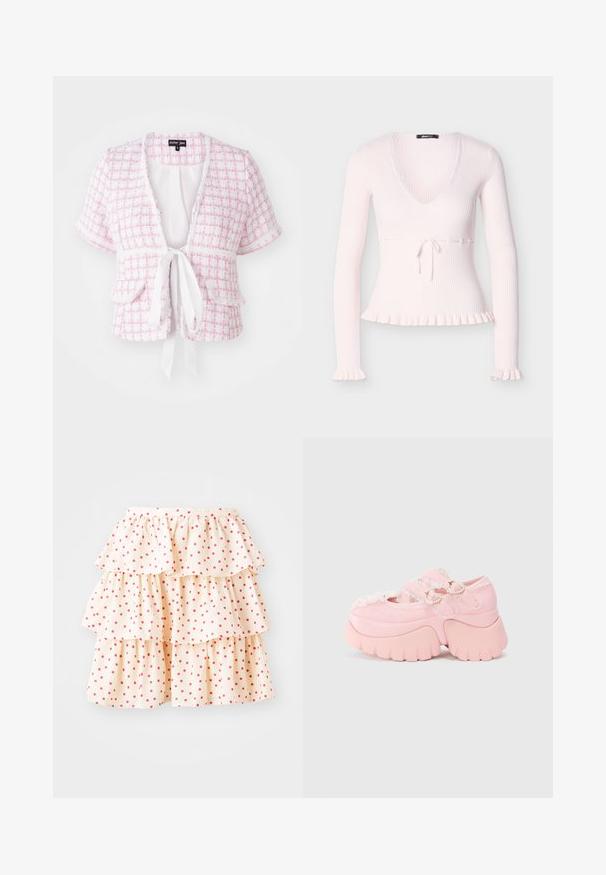 Pull côtelé rose clair à manches longues, col en V profond, ceinture à nouer à la taille, ourlet et poignets à volants. Texture douce et coupe ajustée.; Veste tissée rose à manches courtes avec fermeture à lien, poches avant et motif texturé. Avec un bord festonné et une coupe décontractée.; Jupe à volants en tissu crème clair avec des pois rouges. Elle présente trois couches de volants au bas et une taille élastique.; Bottines chunky à plateforme rose avec des boucles en forme de cœur double, un bord en dentelle et une semelle épaisse sculptée sur un fond blanc uni.