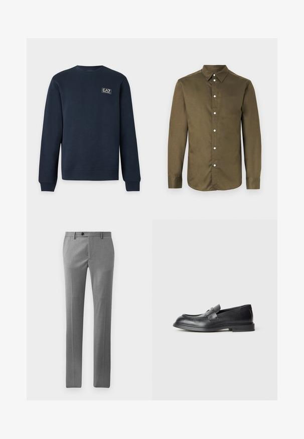 Marineblå langærmet sweatshirt med rund hals og ribkant på ærmer og kant, med et lille EA7 Emporio Armani-logo på venstre bryst.; Langærmet olivengrøn skjorte med knapper og spids krave samt hvide knapper foran.; Lys grå skræddersyede bukser lavet af glat stof, med lige snit, forcran samt en enkelt knaplukning i taljen.; Sorte læder loafers med en struktureret finish, der har en dekorativ frontrem og en rundet tå. Gummisål for holdbarhed.