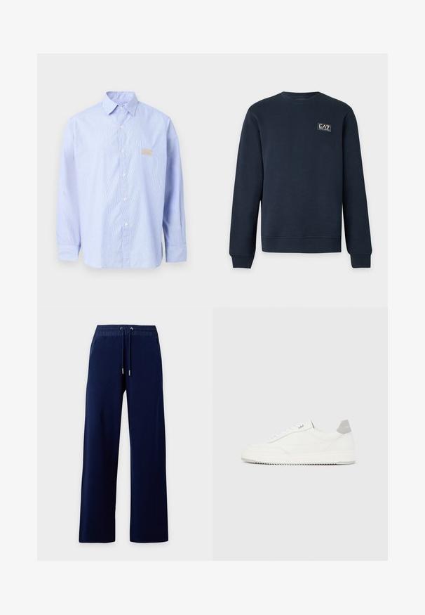 Sweat-shirt bleu marine à manches longues avec col rond, poignets et ourlet côtelés, avec un petit logo EA7 Emporio Armani sur la poitrine gauche.; Chemise bleu clair à manches longues, boutonnée, avec col et petite pièce brodée beige sur la poitrine, présentée sur un fond uni.; Pantalon bleu marine à jambes larges avec taille élastique et cordon, avec poches latérales sur un fond uni clair.; Baskets basses blanches avec un onglet de talon gris, des lacets blancs et une semelle texturée, présentées sur un fond uni clair.