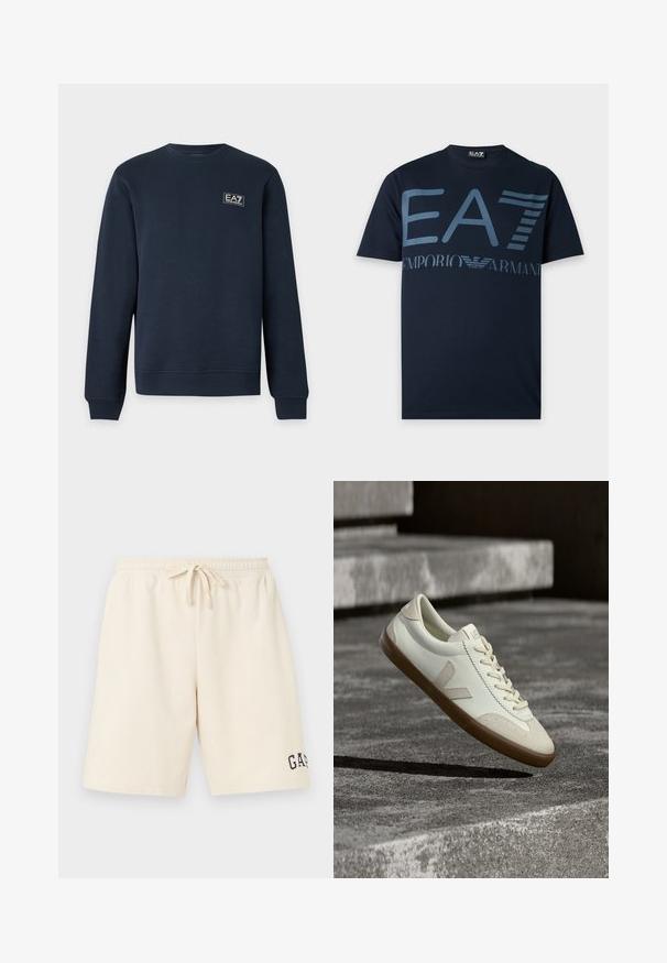 Sweat-shirt bleu marine à manches longues avec col rond, poignets et ourlet côtelés, avec un petit logo EA7 Emporio Armani sur la poitrine gauche.; T-shirt bleu marine à manches courtes avec un grand logo "EA7 Emporio Armani" bleu clair sur la poitrine.; Short beige mi-longue aux genoux avec taille élastique, cordon de serrage et logo noir "GAP" sur la partie inférieure de la jambe gauche.; Baskets en cuir blanc avec semelle en caoutchouc beige, lacets plats et accent en forme de V sur le côté. Présentent une surface lisse et peu de détails de couture.