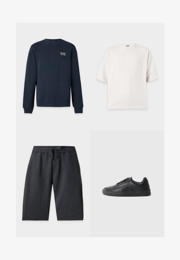 Sweat-shirt bleu marine à manches longues avec col rond, poignets et ourlet côtelés, avec un petit logo EA7 Emporio Armani sur la poitrine gauche.; T-shirt blanc uni à manches courtes, col rond, coupe décontractée et petit détail de couture triangulaire sous le col.; Shorts gris foncé jusqu'au genou avec taille élastique et cordon à l'avant, avec poches latérales sur fond uni.; Chaussure de sport en cuir noir avec une finition lisse, bout arrondi, panneau latéral texturé et lacets noirs. Présente une semelle en caoutchouc plate et un design minimaliste.