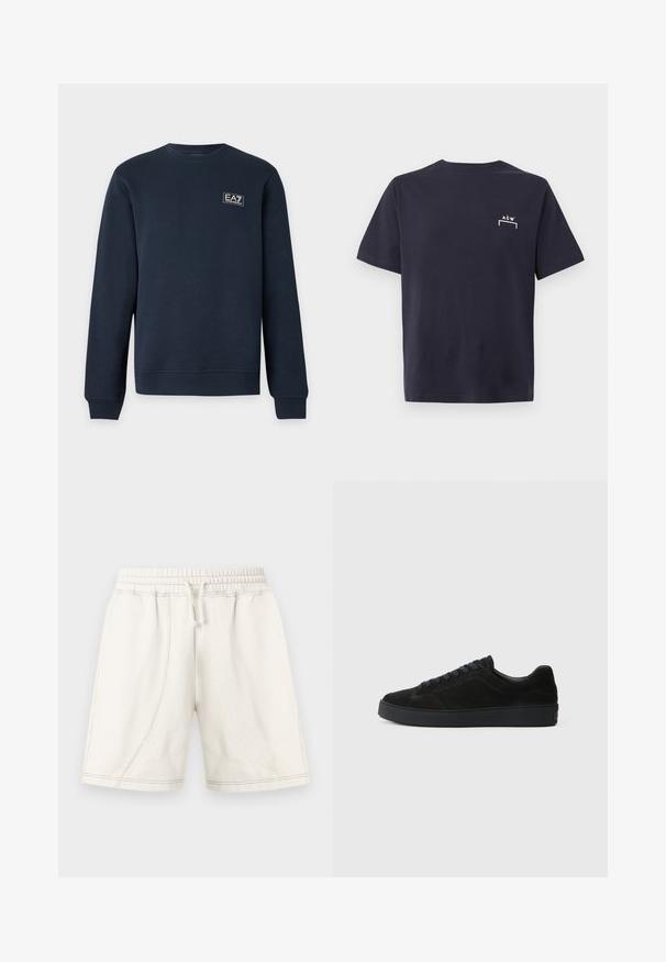 Sweat-shirt bleu marine à manches longues avec col rond, poignets et ourlet côtelés, avec un petit logo EA7 Emporio Armani sur la poitrine gauche.; T-shirt noir en coton à manches courtes avec petit logo blanc ACW et contour rectangulaire sur le côté gauche de la poitrine.; Shorts décontractés écrus avec taille élastique, cordon de serrage et détails de coutures visibles, conçus pour le confort et le port quotidien.; Basket en suède noire avec une semelle plate et texturée, un bout rond, six œillets pour les lacets et un design minimaliste.