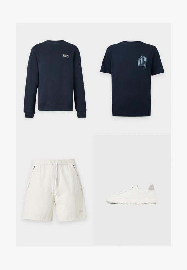 Sweat-shirt bleu marine à manches longues avec col rond, poignets et ourlet côtelés, avec un petit logo EA7 Emporio Armani sur la poitrine gauche.; T-shirt à manches courtes bleu marine avec un petit motif bleu clair représentant un bâtiment et le mot "BOSS" sur la partie supérieure gauche de la poitrine.; Shorts blancs à taille élastique avec cordon, poches latérales et petit logo brodé près de l'ourlet gauche.; Baskets basses blanches avec un onglet de talon gris, des lacets blancs et une semelle texturée, présentées sur un fond uni clair.