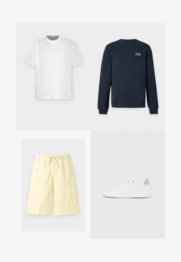 Sweat-shirt bleu marine à manches longues avec col rond, poignets et ourlet côtelés, avec un petit logo EA7 Emporio Armani sur la poitrine gauche.; T-shirt blanc à manches courtes avec col rond, texte cursif gris pâle centré sur la poitrine et petite étiquette sur la couture latérale.; Shorts jaunes clairs longueur genou avec ceinture élastique et cordon de serrage à l'avant, présentés sur un fond uni clair.; Baskets basses blanches avec un onglet de talon gris, des lacets blancs et une semelle texturée, présentées sur un fond uni clair.