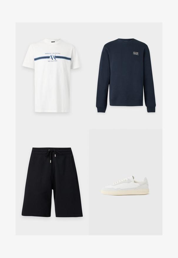Sweat-shirt bleu marine à manches longues avec col rond, poignets et ourlet côtelés, avec un petit logo EA7 Emporio Armani sur la poitrine gauche.; T-shirt blanc à manches courtes avec une bande horizontale bleue et l'inscription "Armani Exchange AX Milano 1991" imprimée sur la poitrine.; Shorts noirs mi-genoux avec taille élastique et cordon de serrage, dotés de poches latérales et d'une coupe décontractée.; Baskets blanches avec dessus en daim et cuir texturé. Caractérisées par un bout arrondi, une fermeture à lacets et une semelle en caoutchouc beige contrastante.