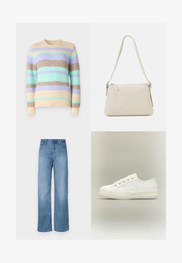 ONLY ONLMAGGIE LIFE O NECK - Jersey de punto - birch/picante/aqua sky/pastel lilac; Jeans de mezclilla de pierna ancha en un azul claro, con un diseño clásico de cinco bolsillos, cierre de botón y detalles de costura sutiles a lo largo de las costuras.; Zapatilla deportiva blanca de caña baja con suela gruesa acanalada, cordones delanteros y tira para tirar en el talón sobre un fondo neutro.; Bolso de hombro beige hecho de cuero suave con cierre de cremallera. Presenta un diseño simple, correa de hombro delgada y acentos de hardware metálico.