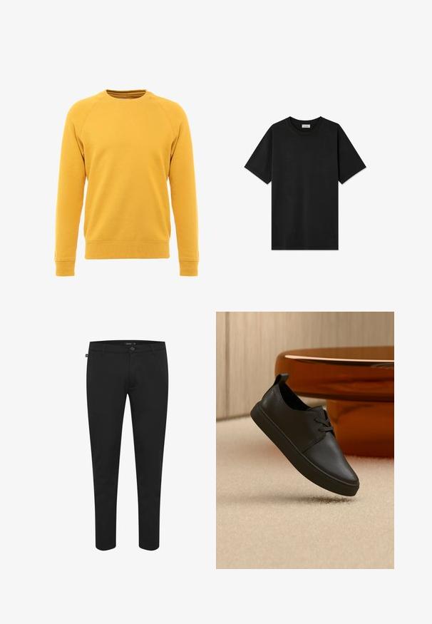 Sudadera amarilla con cuello redondo, mangas raglán largas, puños y dobladillo acanalados, hecha de una tela suave con una textura lisa.; Camiseta de algodón negra con cuello redondo, mangas cortas y corte relajado; textura suave sin patrones o acentos visibles.; Pantalones negros de tela suave. Cuentan con un cierre de botón, pasadores para cinturón y un diseño ajustado con perneras estrechas. Sin patrones visibles.; Zapatilla casual negra de cuero con cordones, flotando sobre una alfombra beige, con una mesa de cristal ámbar redondeada en el fondo.