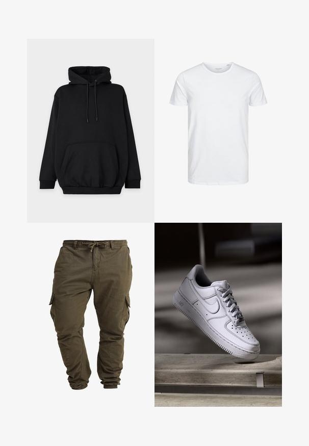 Sudadera con capucha negra de tipo pulóver con bolsillo canguro delantero, capucha ajustable con cordón, mangas largas y puños y dobladillo de canalé.; Camiseta de manga corta y cuello redondo en blanco sólido, fabricada en algodón suave, presenta un diseño simple sin patrones ni acentos visibles.; Pantalones cargo de color verde oliva hechos de algodón suave, con cordón ajustable en la cintura, puños elásticos y bolsillos laterales. ; Zapatilla Nike Air Force 1 de cuero blanco que presenta una puntera perforada, cordones planos y una suela de goma texturizada con la marca "AIR" en el lateral.