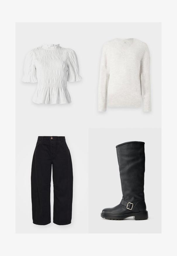 Lys grå v-hals sweater i blødt, tekstureret stof. Har ribbekantede ærmer og kant, med en afslappet pasform og lange ærmer.; Hvid kortærmet bluse med samlet tekstur, flæsekrave og udvidede ærmer. Har en peplum-søm og elastisk talje.; Free People GOOD LUCK MID RISE BARREL - Jeans Relaxed Fit - soundwave; Sort læder knæhøj støvle med en struktureret overflade, bred skafte og en spænde detalje. Har en kraftig sål for bedre greb.