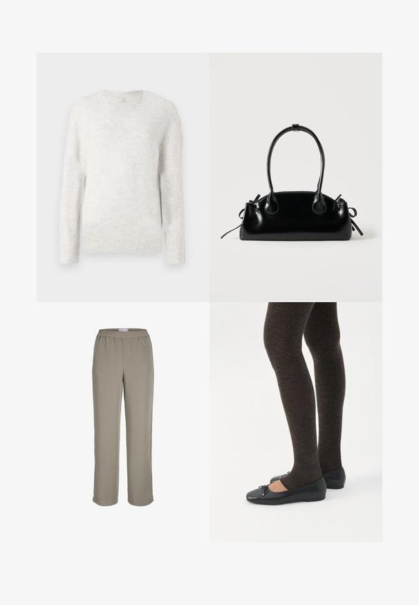Lys grå v-hals sweater i blødt, tekstureret stof. Har ribbekantede ærmer og kant, med en afslappet pasform og lange ærmer.; Lysebrune bukser med lige ben og elastisk talje, uden synlige lommer eller pynt, vist på hvid baggrund.; Ben iført mørke ribbede leggings kombineret med sorte balletsko med små sløjfedetaljer på hvid baggrund.; Lille sort blank håndtaske med to lange håndtag og snøre-detaljer i siden på en ensfarvet lys baggrund.