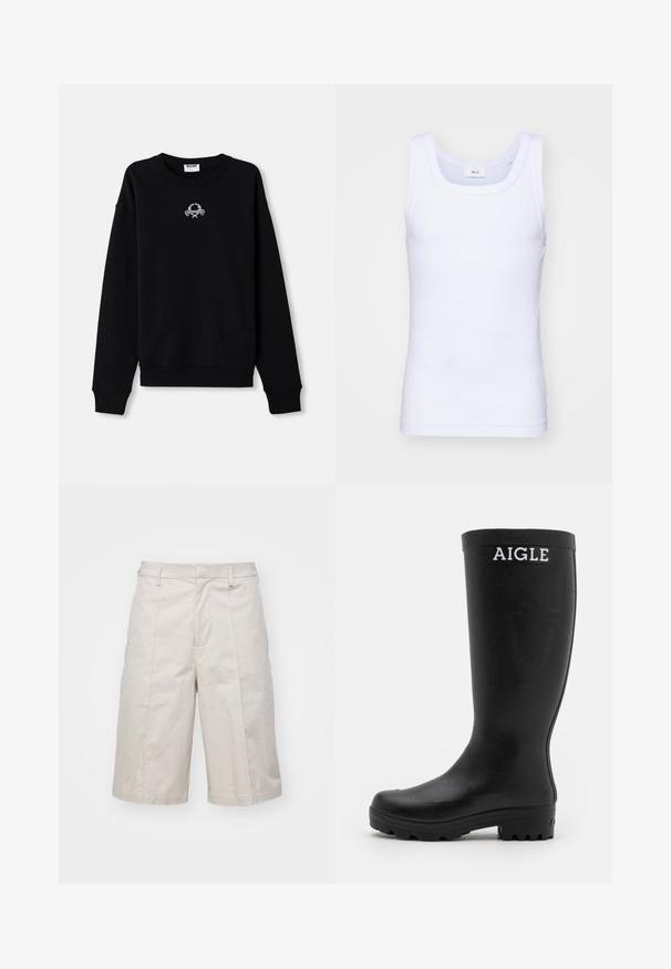 Sort sweatshirt lavet af blødt stof, med rund halsudskæring og lange ærmer. Den har et broderet design i midten.; Hvid bomulds ærmeløs tanktop med rund halsudskæring, der har en glat tekstur og en tætsiddende pasform, designet til casual brug.; Beige bomuldsshorts med lige snit, knælange, med to forlommer og subtile folder for ekstra tekstur.; Sorte gummistøvler med en glat overflade, høj skaft og en robust, rillet sål. Har et hvidt AIGLE-logo foran.
