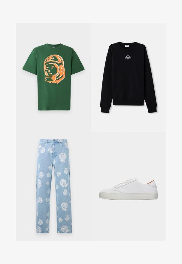 Schwarzer Pullover aus weichem Material, mit Rundhalsausschnitt und langen Ärmeln. Er hat ein gesticktes Design in der Mitte.; Grünes Baumwoll-T-Shirt mit einem großen, orangefarbenen Astronauten-Motiv auf der Vorderseite, kurzen Ärmeln und einem lässigen Schnitt.; Hellblaue Jeans aus Denim mit weißen spiralartigen Muschelmustern, gerade geschnitten, mit Fronttaschen und Gürtelschlaufen.; Weißer Leder-Sneaker in niedriger Ausführung mit Schnürung vorne, dicker Sohle und minimalen Nahtdetails vor einem schlichten hellen Hintergrund.