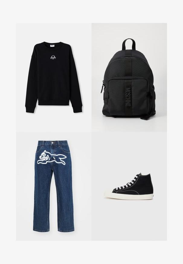 Sweat-shirt noir en tissu doux, avec un col rond et des manches longues. Il présente un motif brodé au centre.; Jean large bleu foncé avec un grand graphisme de chien cartoon blanc sur la poche arrière. Texture en denim, design traditionnel à cinq poches.; Baskets montantes en toile noires avec des lacets blancs, dotées d'un capuchon en caoutchouc et de surpiqûres blanches contrastantes.; Sac à dos en nylon noir avec une forme ovale, une poignée supérieure, une poche zippée à l'avant et une bande de logo texturée au centre.