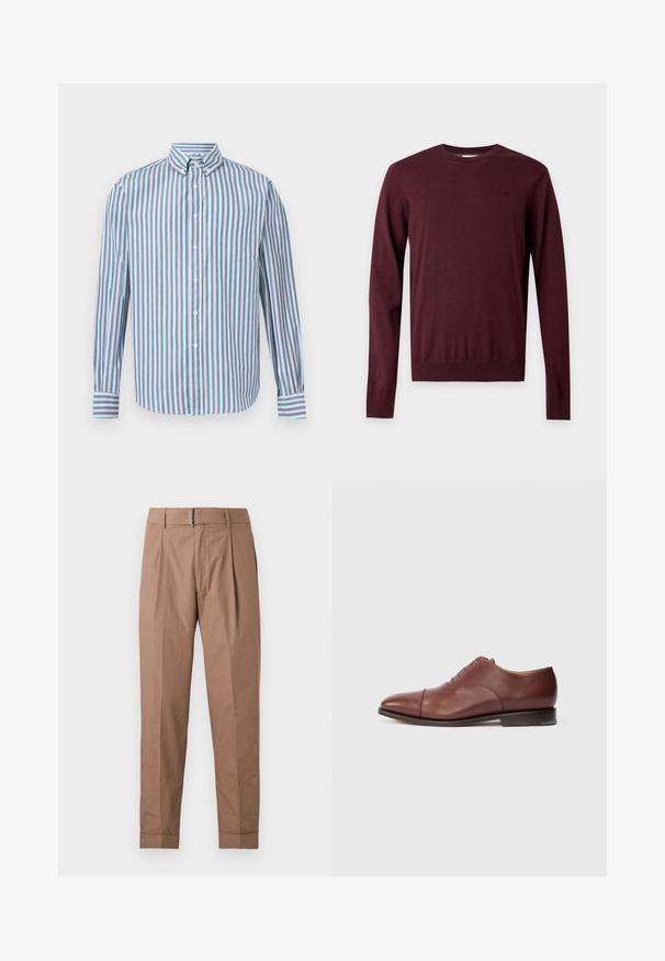 Pull à col rond à manches longues de couleur bordeaux foncé avec une taille ajustée et un logo discret sur la poitrine, présenté sur un fond uni.; Chemise à manches longues avec boutons, présentant des rayures verticales bleues, blanches et rouges, et une poche poitrine, affichée sur un fond blanc uni.; Pantalon beige à jambes droites avec plis, passants de ceinture, ourlets retroussés et ceinture à boucle métallique sur fond blanc.; Chaussure de ville Oxford en cuir brun avec bout amovible, lacets fermés et petit talon empilé sur fond blanc.