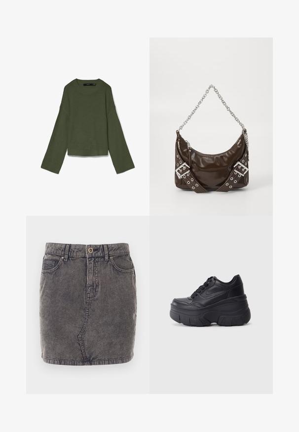 Olivengrøn wafflestrikket sweater med lange, brede ærmer, rund halsudskæring samt ribstrikkede manchetter og kant, lagt fladt på hvid baggrund.; Grå denimnederdel med lodret ribbet tekstur, der har en frontknaplukning, to sidelommer og en lige kant.; Sorte snørebåndssneakers med en kraftig sål, der har en glat læderoverdel, rund tå og et markant lagdelt plade-design.; Mørkebrunt patentlæder håndtaske med sølv kæderekke, dekorerede dobbelte spænder og lynlås lukning.