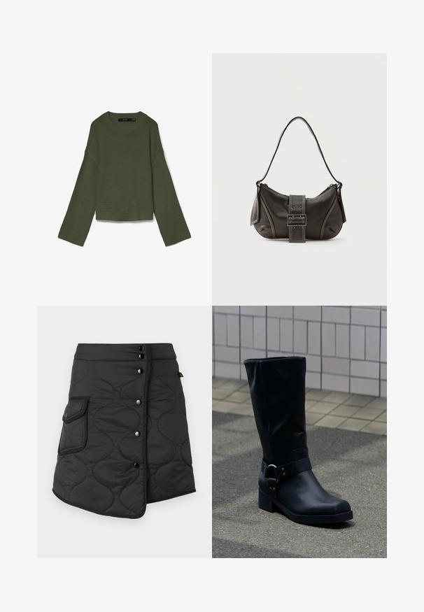 Jersey de punto waffle verde oliva con mangas largas y anchas, escote redondo y puños y bajo acanalados, colocado sobre un fondo blanco.; Falda negra acolchada con un dobladillo asimétrico, que presenta cinco botones oscuros y un bolsillo lateral con detalle de solapa redondeada.; Bota negra de cuero hasta la mitad de la pantorrilla con un tacón bajo de bloque y una correa decorativa con hebilla metálica alrededor del tobillo, sobre un pavimento de baldosas.; Bolso de hombro de cuero negro con detalle de correa con hebilla, bordes curvos y costuras blancas en contraste sobre un fondo liso.