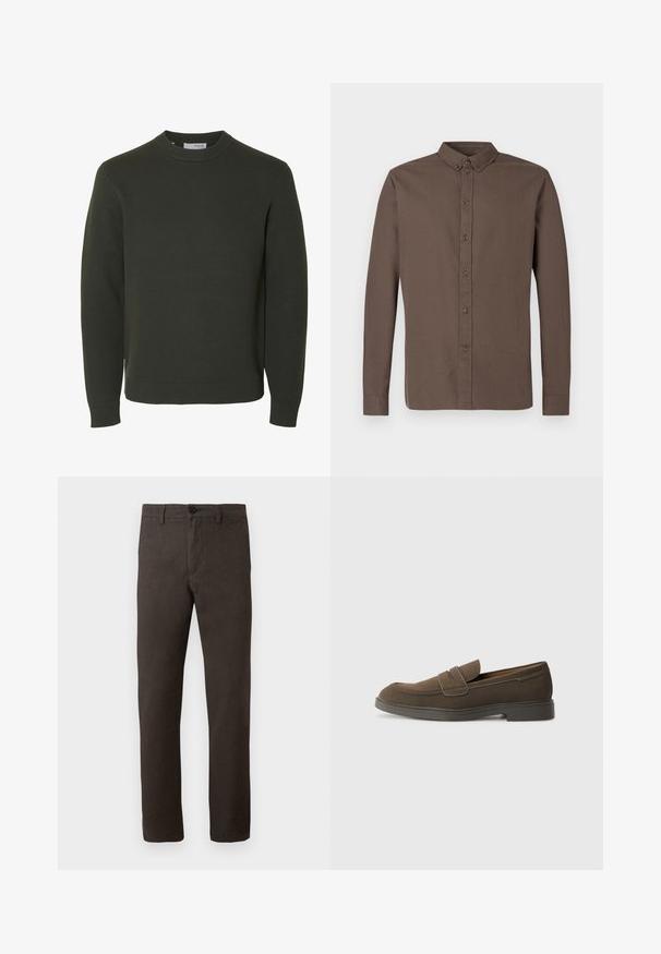 Mørkegrøn strikket sweater med rund hals, lange ærmer samt ribkant ved ærmeafslutninger og bund, vist på hvid baggrund.; Mørkebrun langærmet skjorte med knapper, der har en klassisk krave, otte knapper foran og en glat, letvægts stoftekstur.; Brune bukser lavet af et tekstureret stof, med et lige ben-design, en enkelt knaplukning og et minimalistisk stil.; Brune ruskinds loafers med en rund tå, en rem over forfoden og en flad gummisål. Enkel design med rene linjer og minimal dekoration.